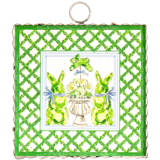 Decorative panel with green lattice design featuring two green rabbits and a flower pot. Mini Art Boxwood Bunnies