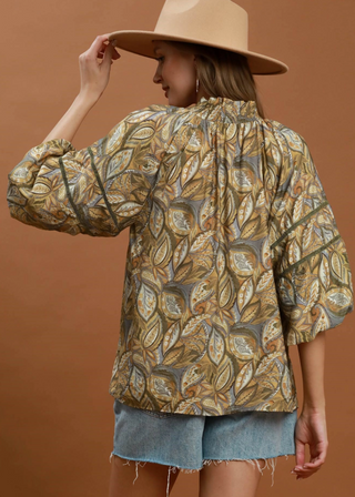 Mix Botanical Print Puff Sleeve Blouse in Olive Mix a loose patterned blouse with a gold, olive, and beige botanical print green leaf gray