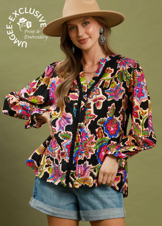 Mixed Floral Print Button Down Blouse in Black paisley green blue turquoise red button front