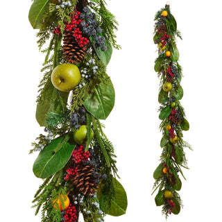 Mixed Fruit Garland 6' apple orangeberry berries holly magnolia pinecone pine blueberry green red