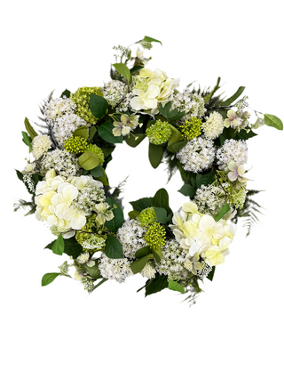 Mixed Hydrangea Wreath 24" cream white lace lacy dogwood