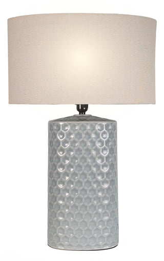 Monroe Table Lamp in Light Blue ceramic dimple honeycomb ivory barrel shade