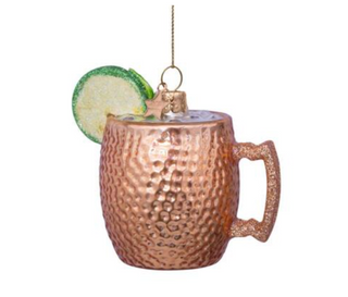 Copper mug ornament with a lime wedge on a white background. Moscow Mule Glass Ornament