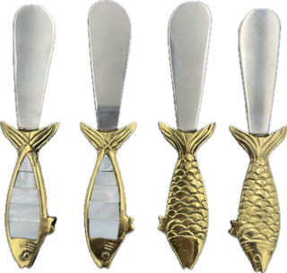 Mother of Pearl & Brass Fish Spreaders, Set of 4