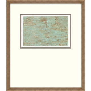 A framed print featuring a turquoise and brown mountain scene with a simple brown wood frame