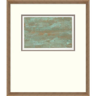 A framed abstract painting featuring shades of green and brown, with a simple brown frame.