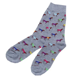 A pair of gray socks with a pattern of multicolored horses. Kentucky Derby Horse Socks