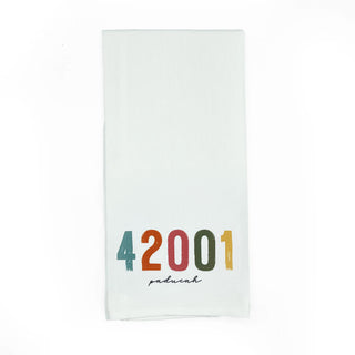 A white polyester tea towel with a multicolored zip code pattern and the text '42001' on it.