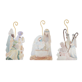 Three hand-painted ceramic Nativity scene ornaments on a solid white background. The set includes the Three Wise Men, the Nativity of Mary and Joseph, and the Holy Family with a sheep.