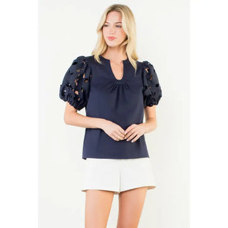 Navy Eyelet Sleeve V-Neck Top