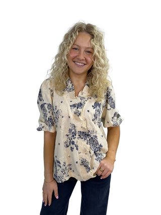 Navy Floral Embroidered Blouse with Ruffle Trim cream flower v-neck puff sleeve