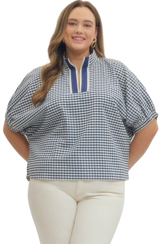 Navy Gingham Short Sleeve Top in Plus