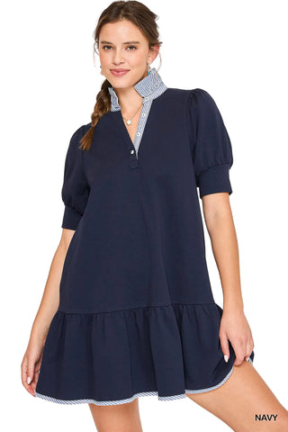 Navy Puff Sleeve Tiered Mini Dress