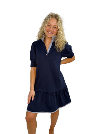 Navy Puff Sleeve Tiered Mini Dress oxford blue and white stripe stand up collar trim