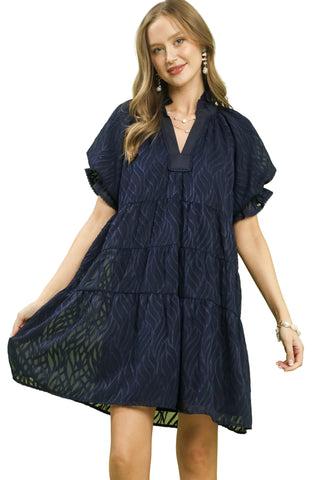 Navy Textured Tiered Ruffle Collar Mini Dress