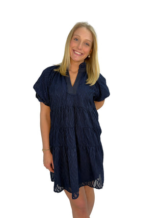 Navy Textured Tiered Ruffle Collar Mini Dress lined puff sleeve v-neck