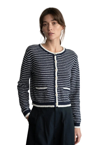Navy & White Stripe Cardigan with Button Front and Pockets