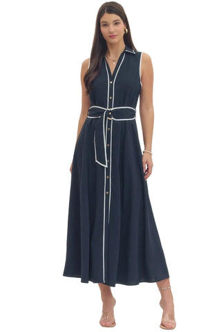 Navy with White Trim Sleeveless Midi Dress