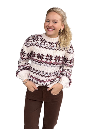 Woman in Off White, Chocolate & Mauve Sweater