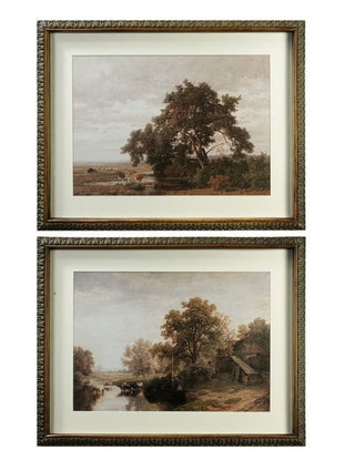 Old English Pastoral Framed Print Assorted tree stream animal cow sheep gold frame farm