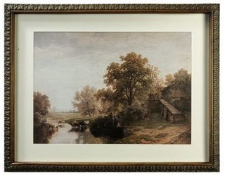 Old English Pastoral Framed Print Assorted water stream brook tree farm sheep cow farm sepia