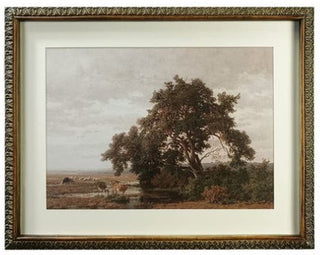 Old English Pastoral Framed Print Assorted tree stream water cow gold frame