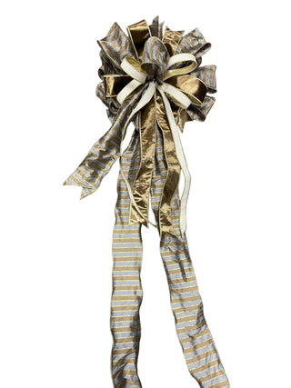 Old Gold with Silver Stripe Bow brown grey velvet Christmas