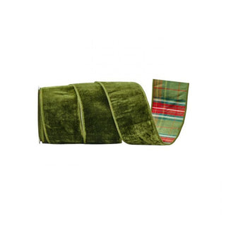 Olive Green Velvet with McKenzie Green Plaid Backing Ribbon 4" SOLD BY THE FOOT