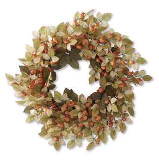Orange Berry Wreath with Olive Green Leaves 28" fall