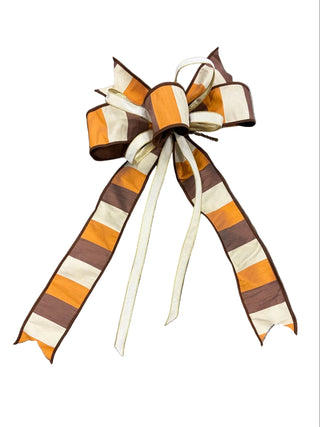 Orange, Brown & Cream Color Block Bow
A large decorative bow with wide horizontal stripes in orange, brown, and cream ivory autumn fall
