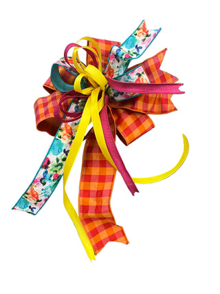 Orange Check & Watercolor Bow red teal turquoise pink yellow leaf botanical