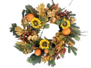 Oranges & Sunflower Wreath
An autumn-themed artificial wreath with sunflowers, orange , maple leaves, pinecones, and red berries berry acorn rosehip fall green greenery evergreen