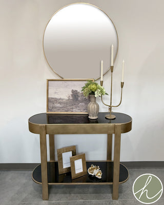 Oval Metal Console Table with Black Glass 2