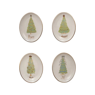 Oval Stoneware Dish with Christmas Tree Assorted Words peace merry noel joy