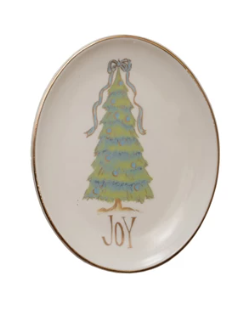 Oval Stoneware Dish with Christmas Tree Assorted Words joy
