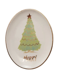 Oval Stoneware Dish with Christmas Tree Assorted Words merry