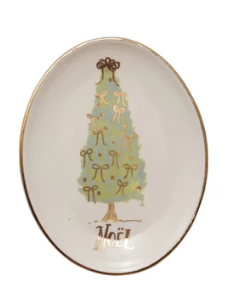 Oval Stoneware Dish with Christmas Tree Assorted Words noel