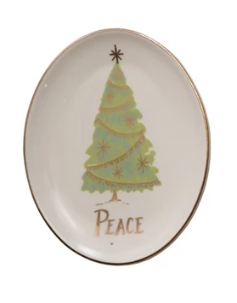 Oval Stoneware Dish with Christmas Tree Assorted Words peace