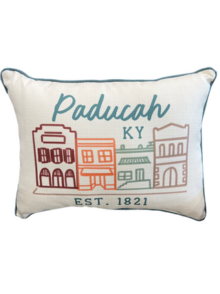 Decorative pillow with 'Paducah KY EST. 1821' text and building illustrations on a white background