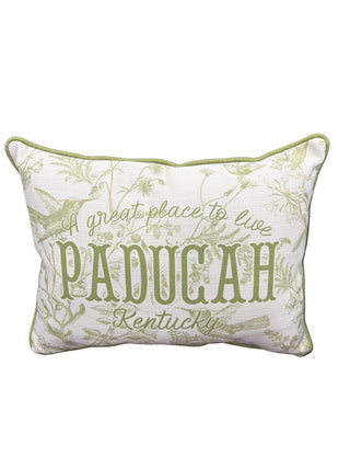 Decorative pillow with 'Paducah, Kentucky' text on a white background green