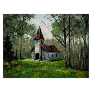 Parish Canvas
Painting of a small church surrounded by trees in a forest green white burgundy red birch tree