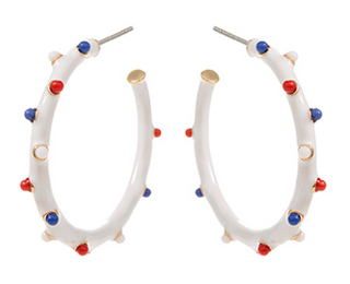 White hoop earrings with colorful beads on a white background. Patriotic Color Enamel Hoop Earrings, Large