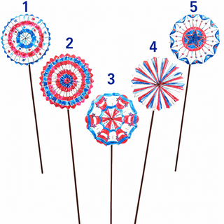 Five decorative wind spinners with red, white, and blue patterns on sticks against a white background. Round top