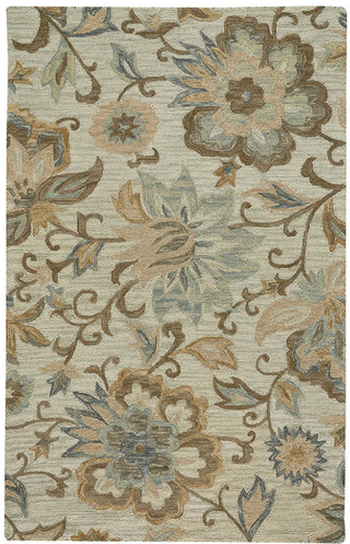 A floral patterned multi-colored wool rug featuring beige, grey, and blue shades.