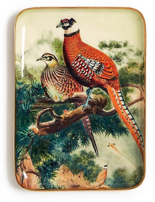 Pheasant Metal Tray Assorted orange brown bird gold rim edge enamel