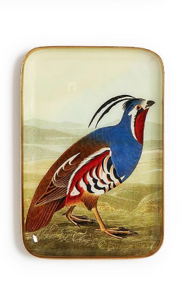 Pheasant Metal Tray Assorted red and blue bird gold rim edge enamel