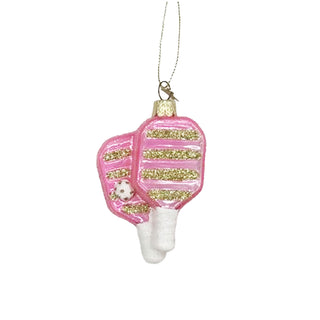 Pink & Green Glass Pickleball Christmas Ornament