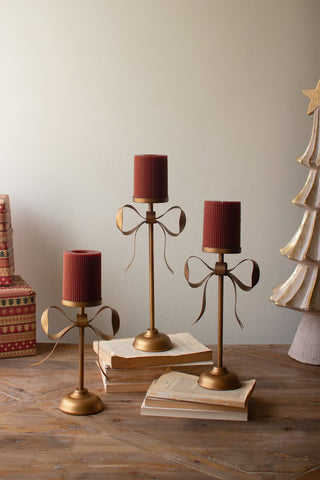 Pillar Candle Stand with Bow Detail antique bronze