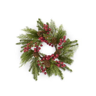 Pine Cedar Mix & Red Berries Candle Ring with Pinecones 12"