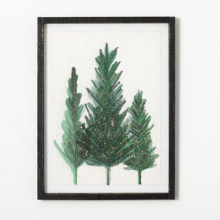 Framed artwork of green trees on a white background